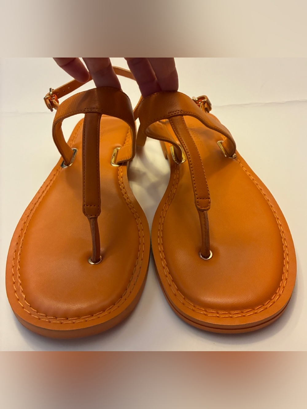 AEROSOLES Orange Leather T-Strap Sandals with Gold Hardware